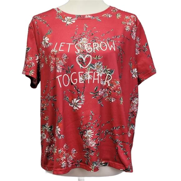Hand Printed Upcycled Womens XL Let's Grow Together Floral Short Sleeve Tee - Picture 1 of 6